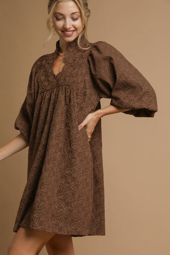 Floral Jacquard Lace Dress | Brown