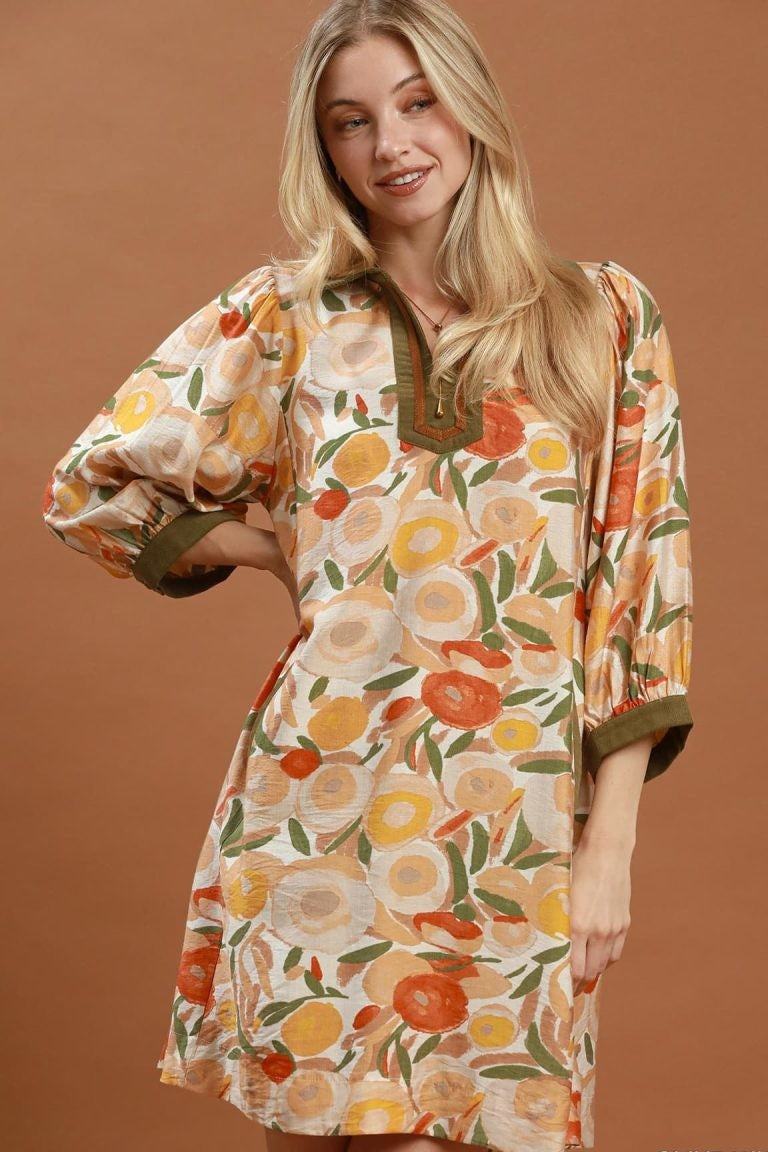 Floral Corduroy Trim Dress | Olive Mix