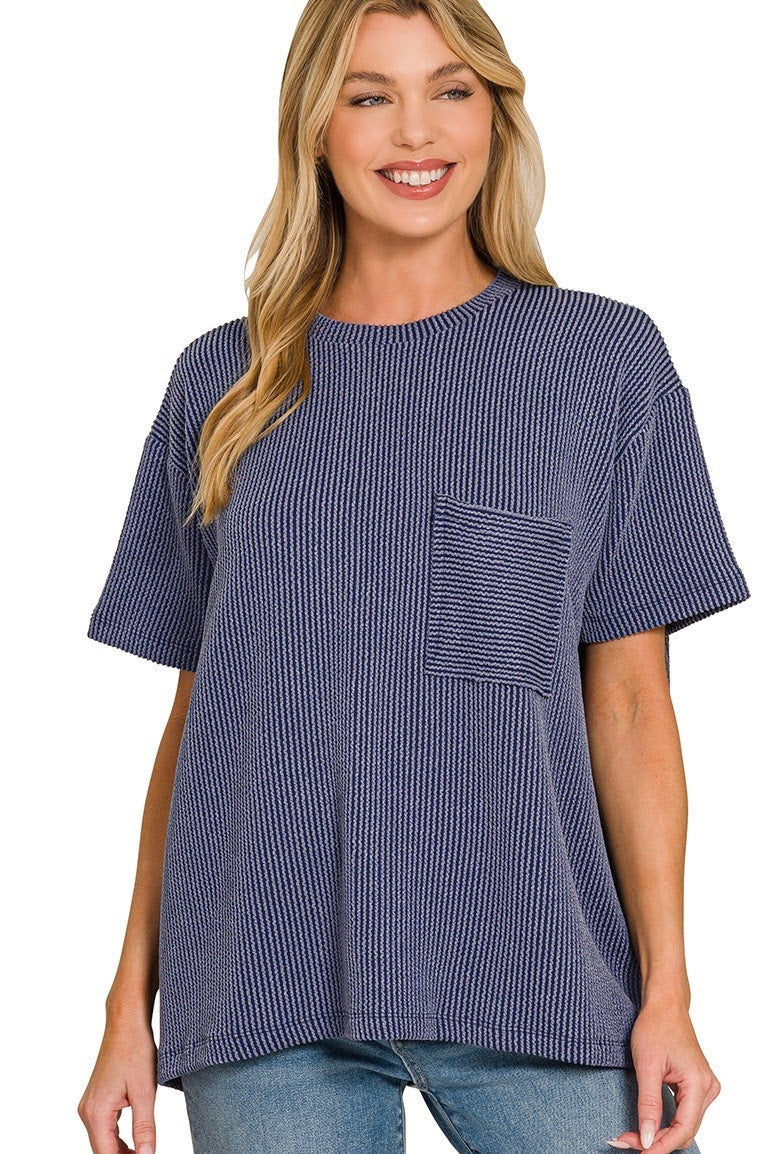 Raised Rib Pocket Top | Navy Blue