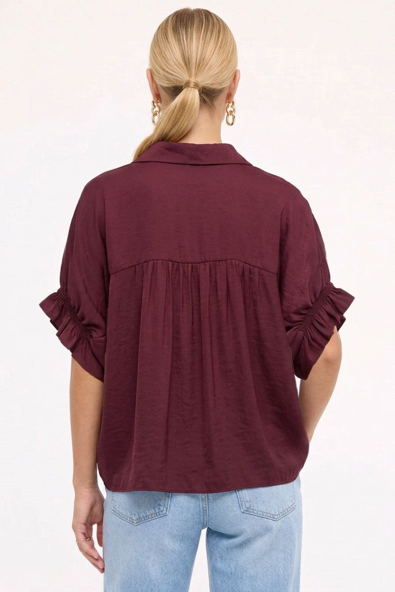 Satin Ruffle Sleeve Button Up Top | Wine