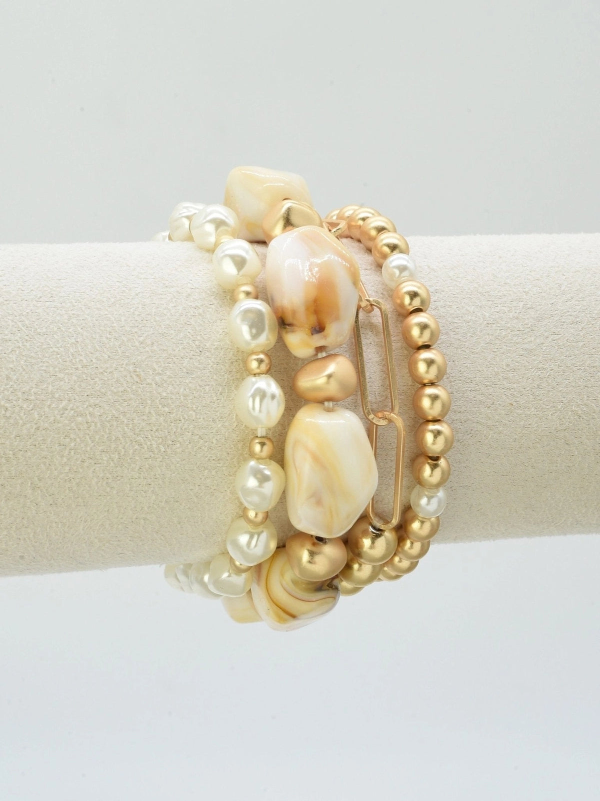 Pearl+Acrylic Bead+Chain Bracelet Set | Ivory/Brown