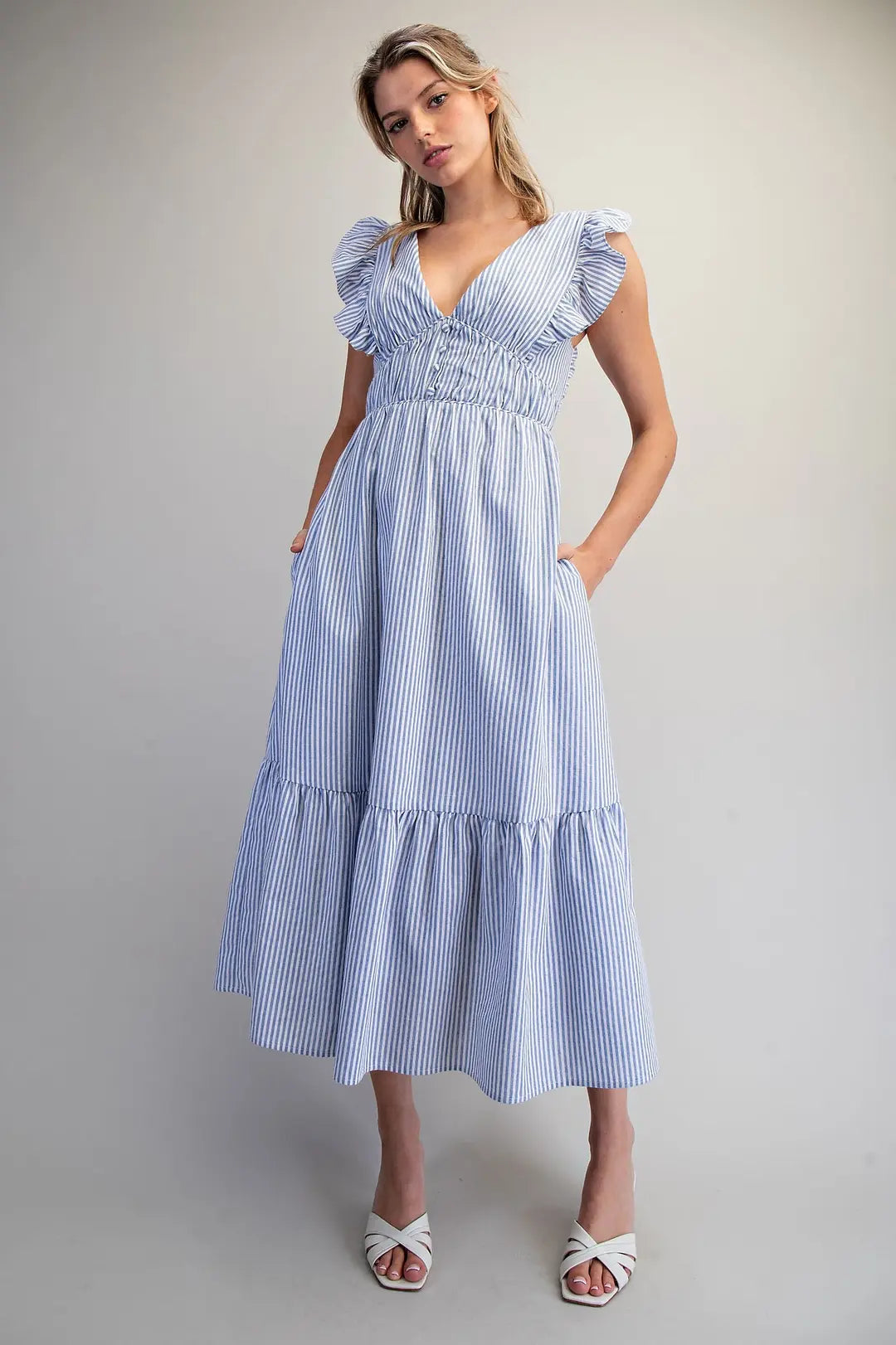Striped Open Back Tie Maxi Dress | French Blue