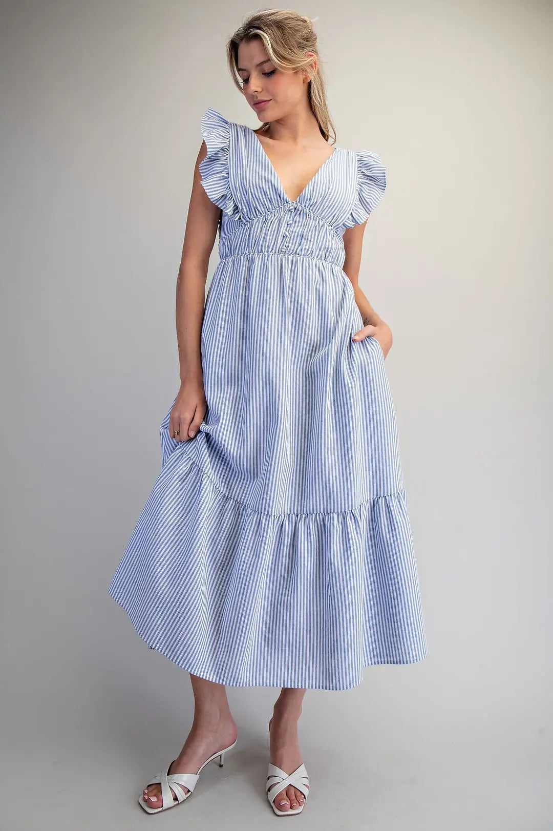 Striped Open Back Tie Maxi Dress | French Blue