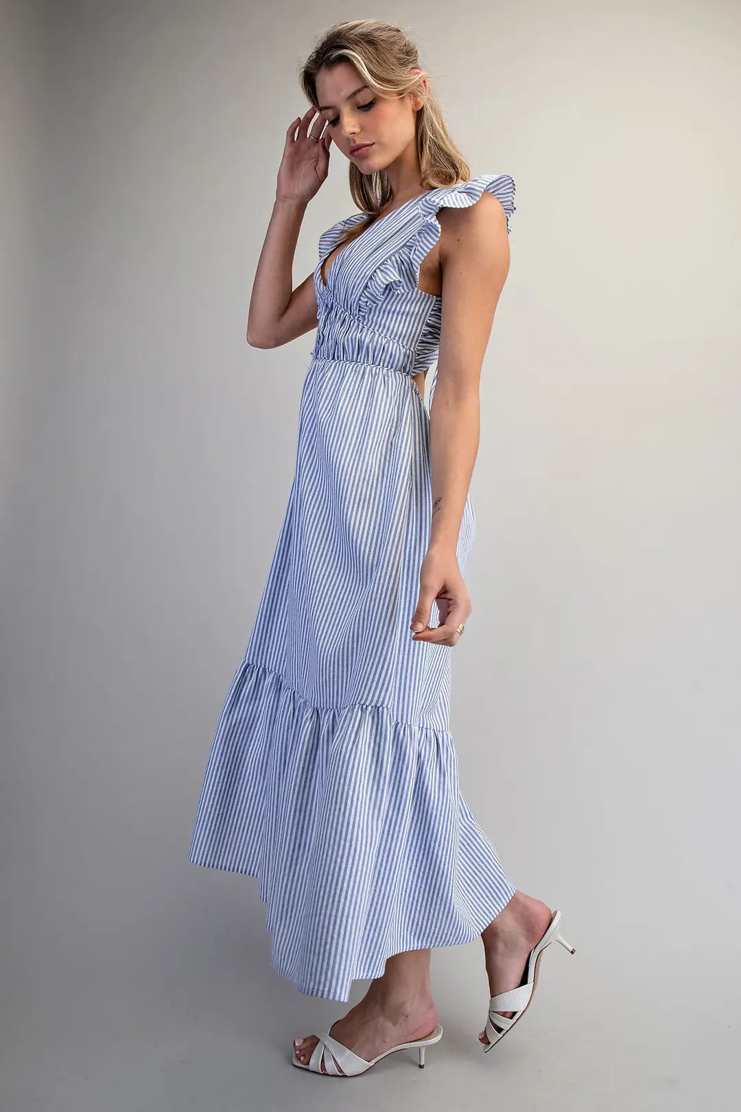 Striped Open Back Tie Maxi Dress | French Blue