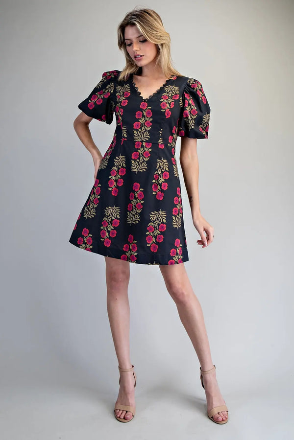 Floral Lace Trim Dress | Black