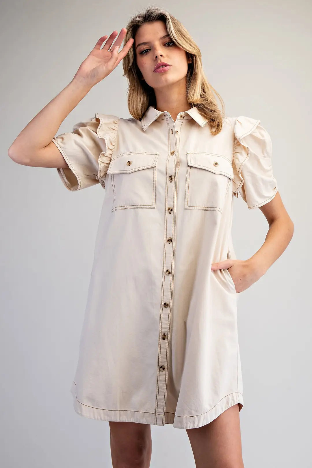 Mineral Washed Button Shirt Dress | Bone
