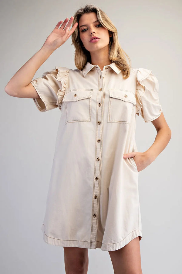 Mineral Washed Button Shirt Dress | Bone