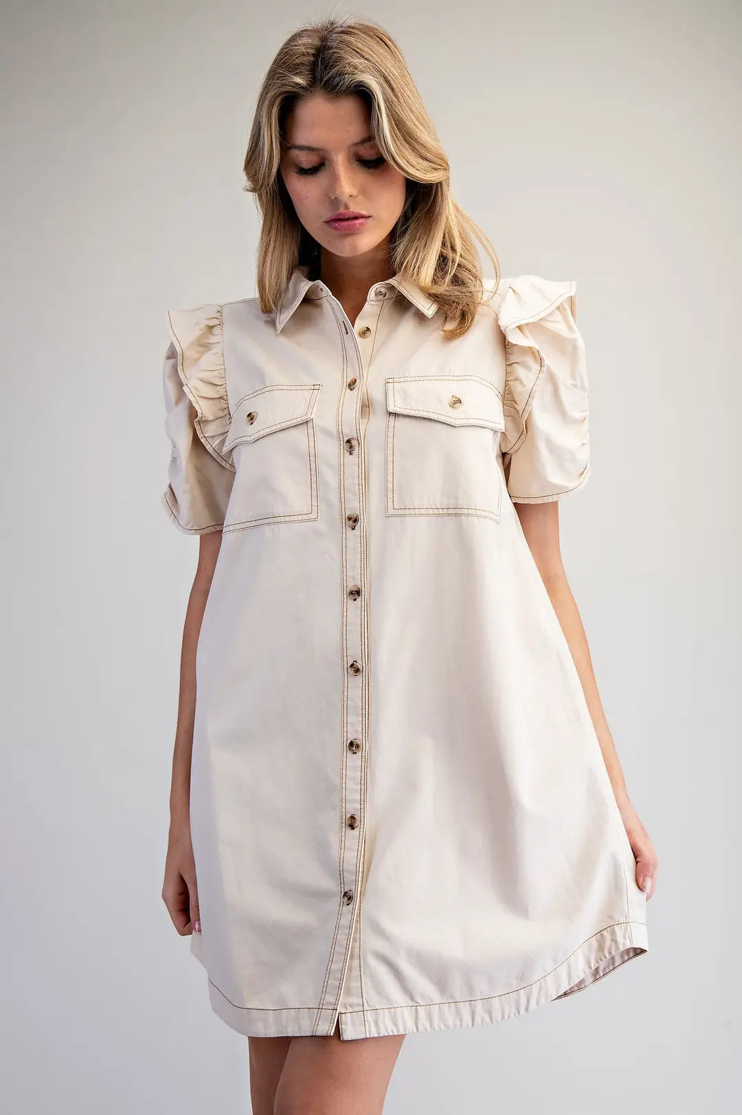 Mineral Washed Button Shirt Dress | Bone