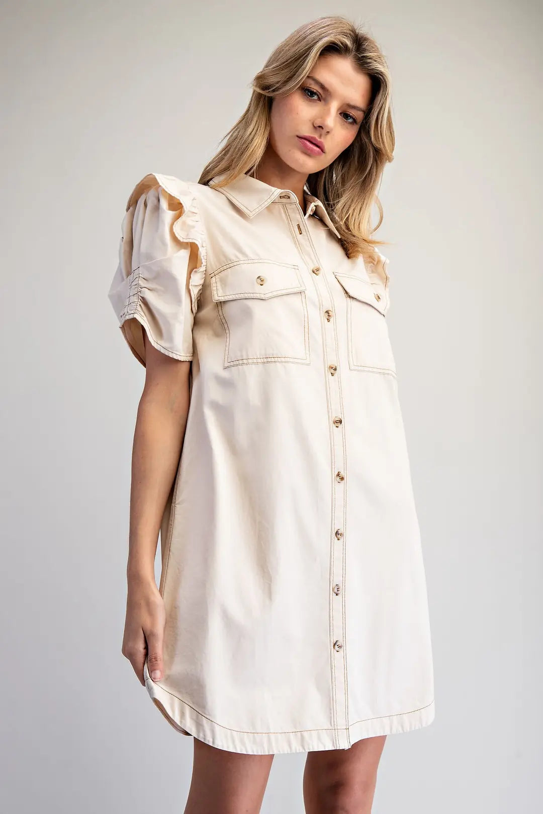 Mineral Washed Button Shirt Dress | Bone