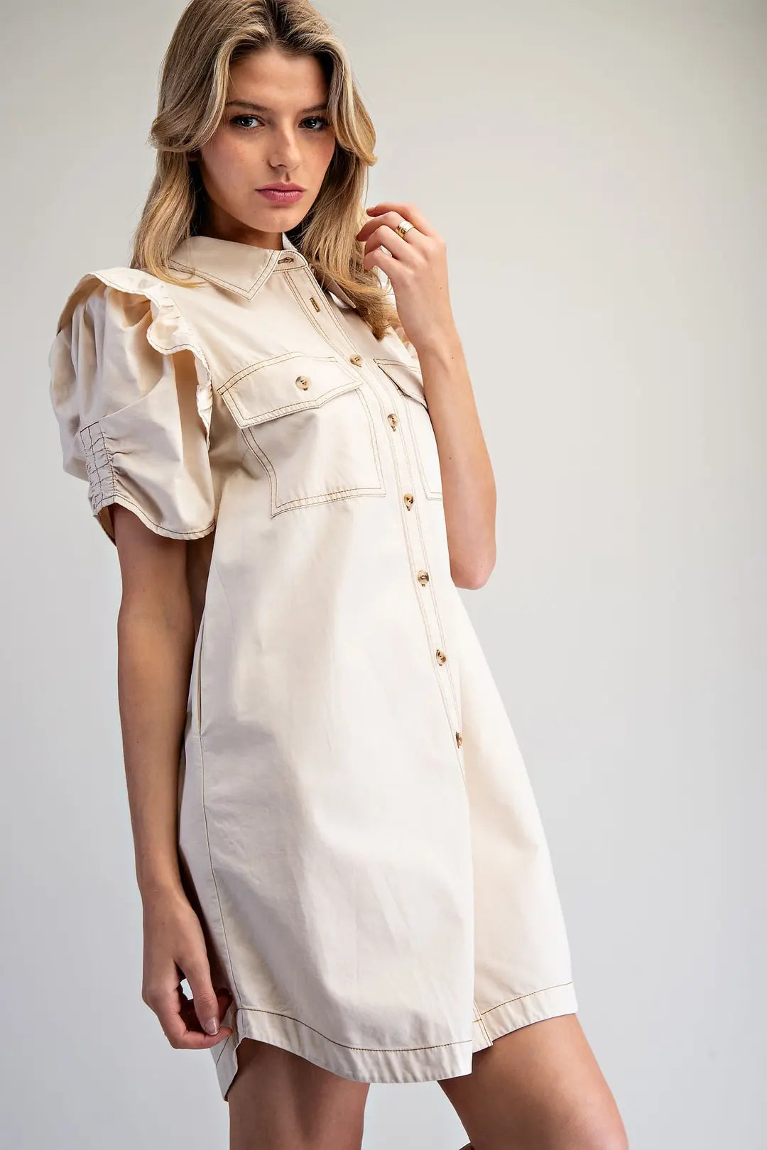 Mineral Washed Button Shirt Dress | Bone