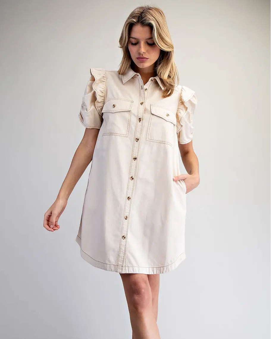 Mineral Washed Button Shirt Dress | Bone