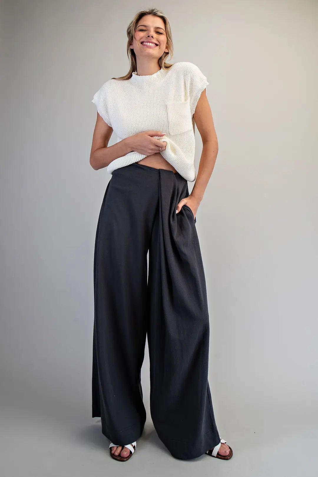Front Wrap Wide Leg Pants | Ash Black