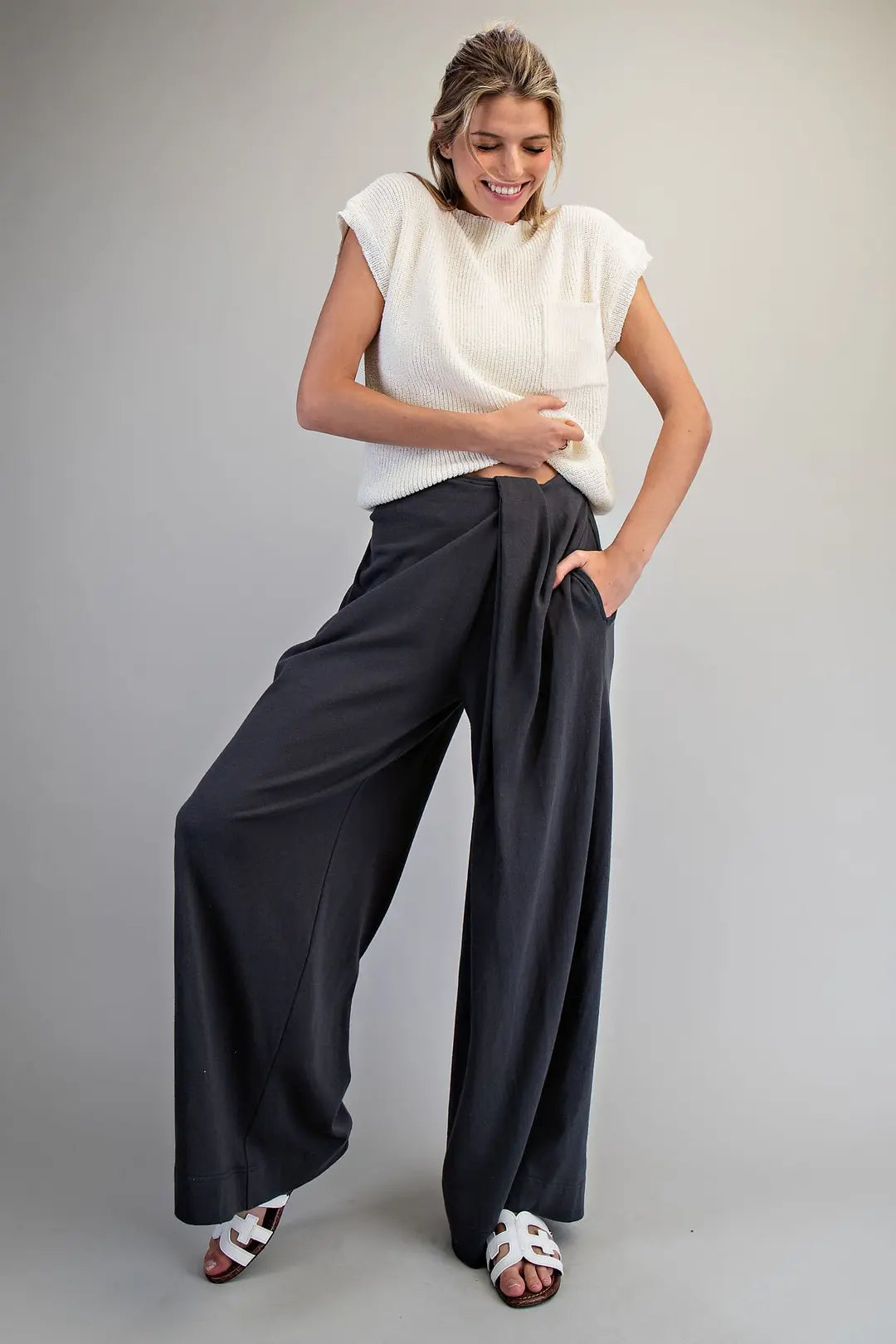Front Wrap Wide Leg Pants | Ash Black