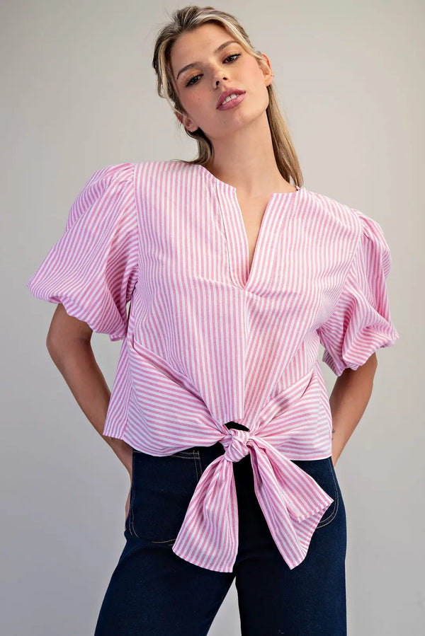 Striped Front Tie Bubble Sleeve Top | Pink