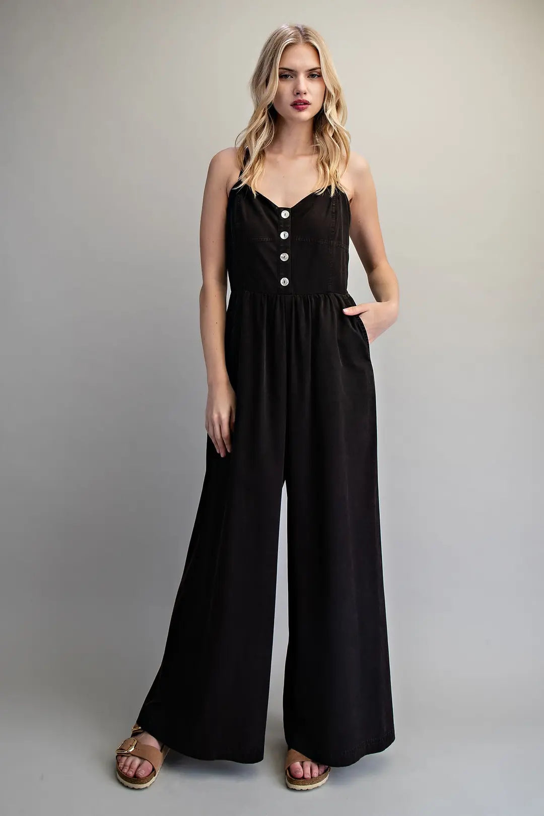 Button Sleeveless Jumpsuit | Ash Black