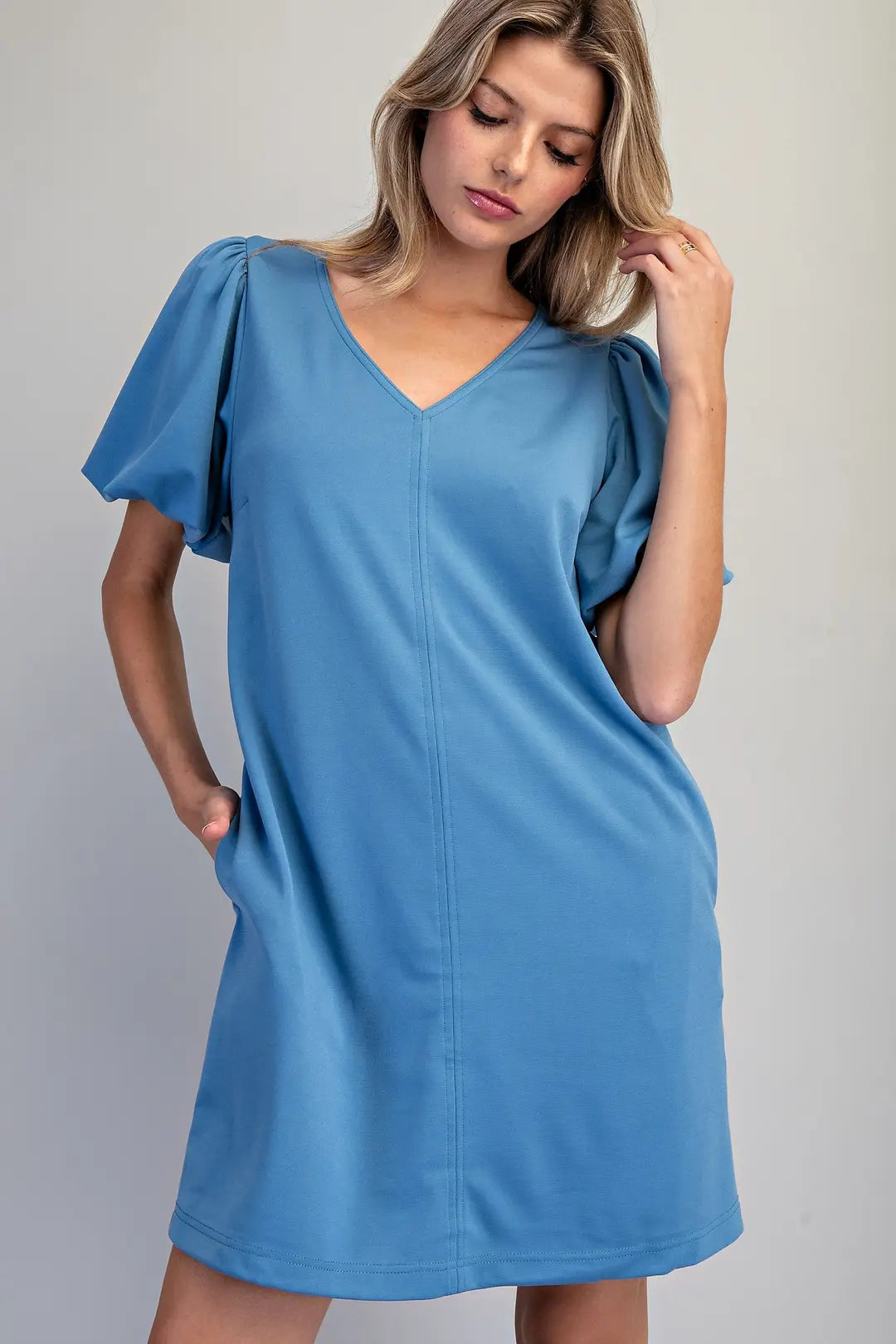 V-Neck Puff Sleeve Dress | Blue