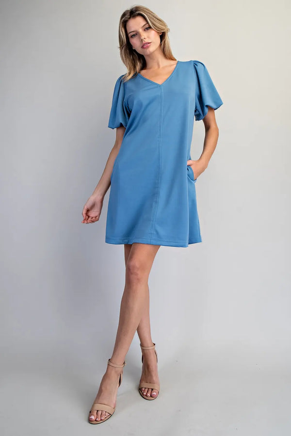 V-Neck Puff Sleeve Dress | Blue