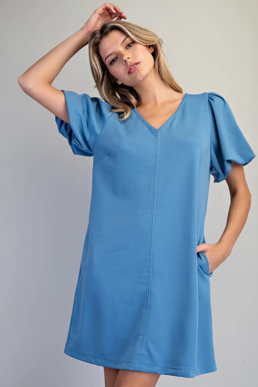 V-Neck Puff Sleeve Dress | Blue