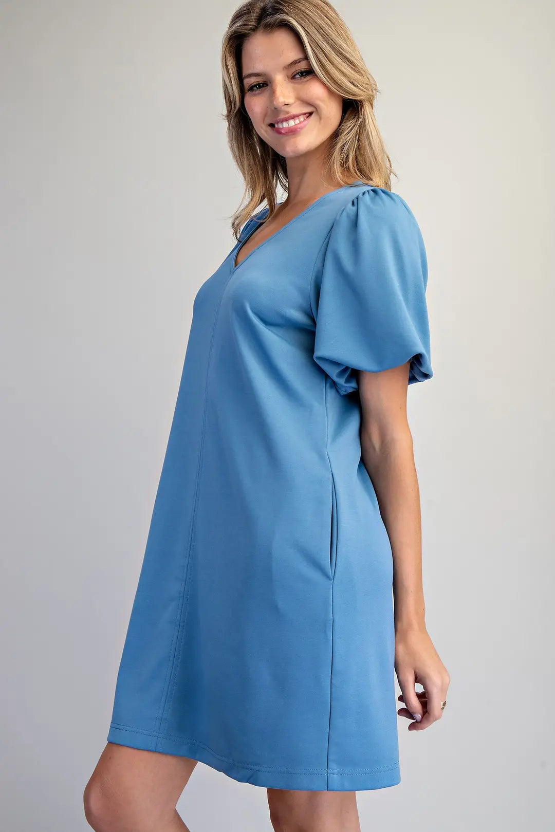 V-Neck Puff Sleeve Dress | Blue