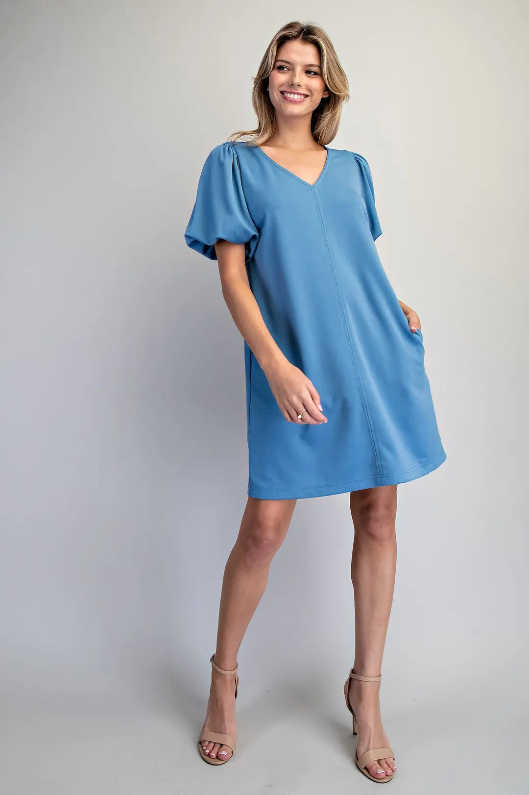 V-Neck Puff Sleeve Dress | Blue