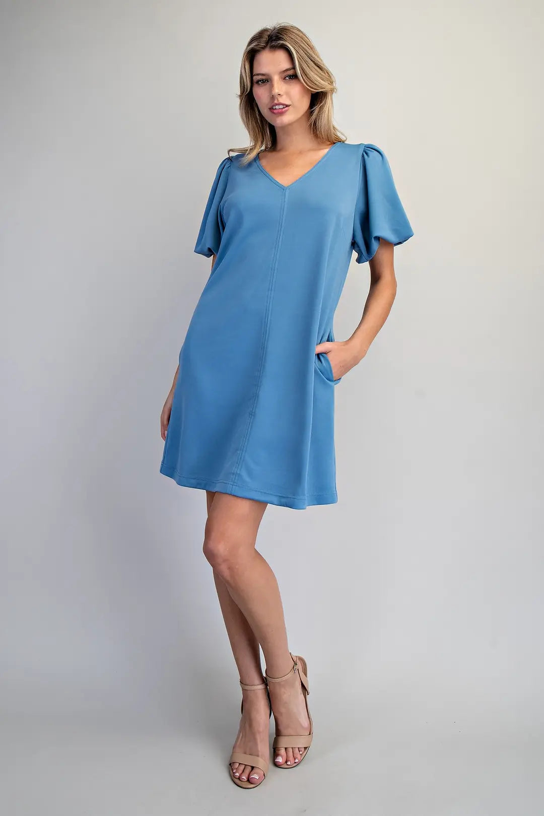 V-Neck Puff Sleeve Dress | Blue