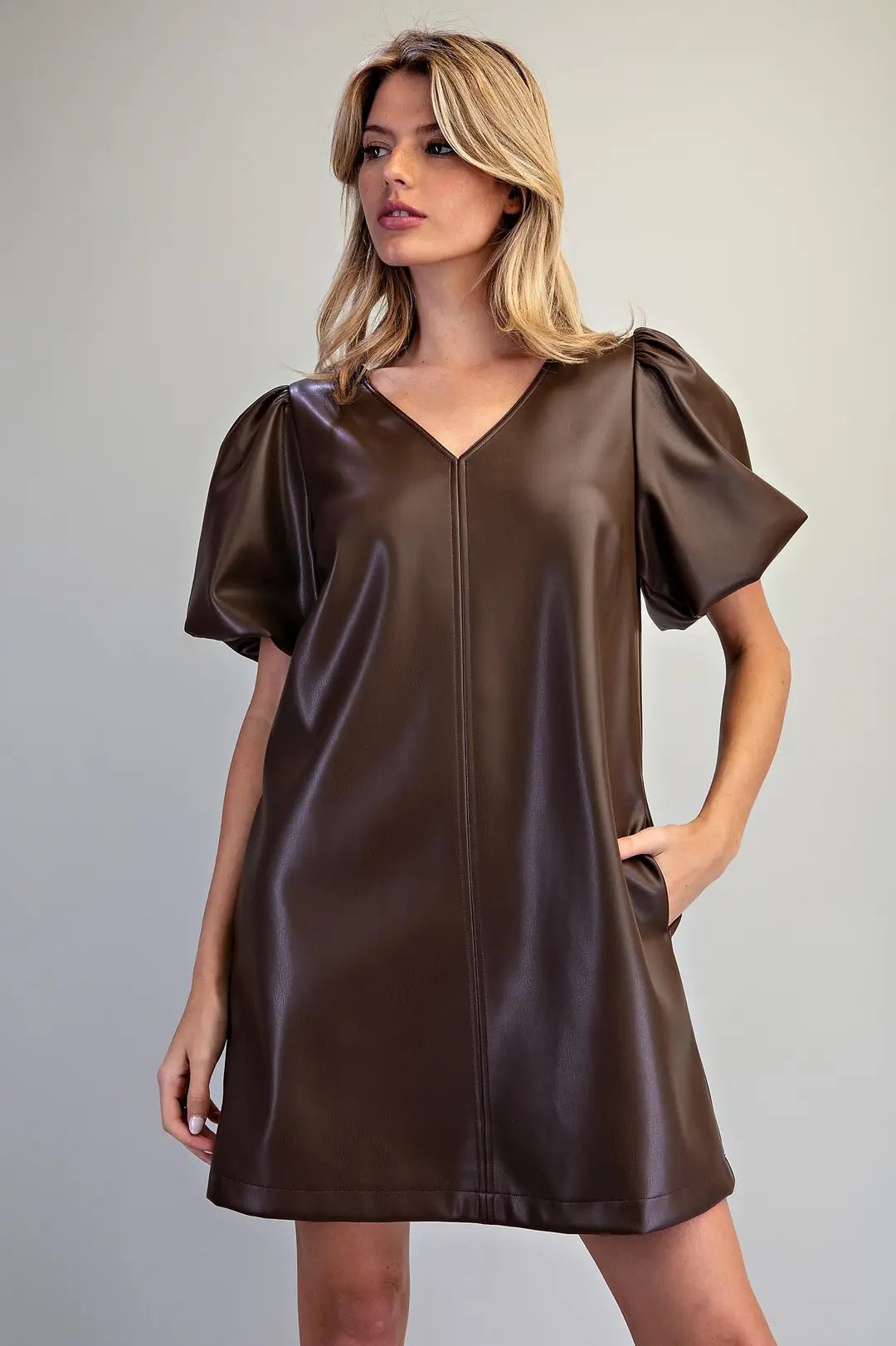 Faux Leather Puff Sleeve Dress | Chocolate