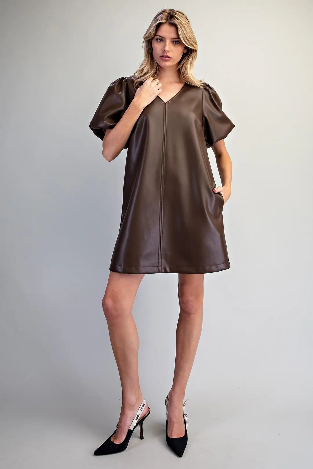 Faux Leather Puff Sleeve Dress | Chocolate