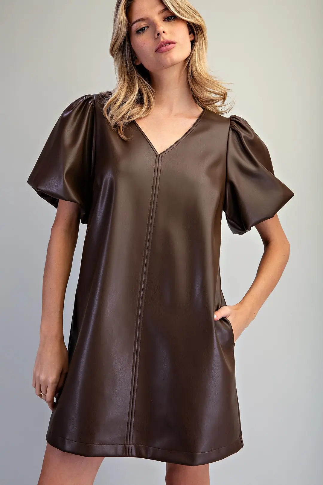 Faux Leather Puff Sleeve Dress | Chocolate