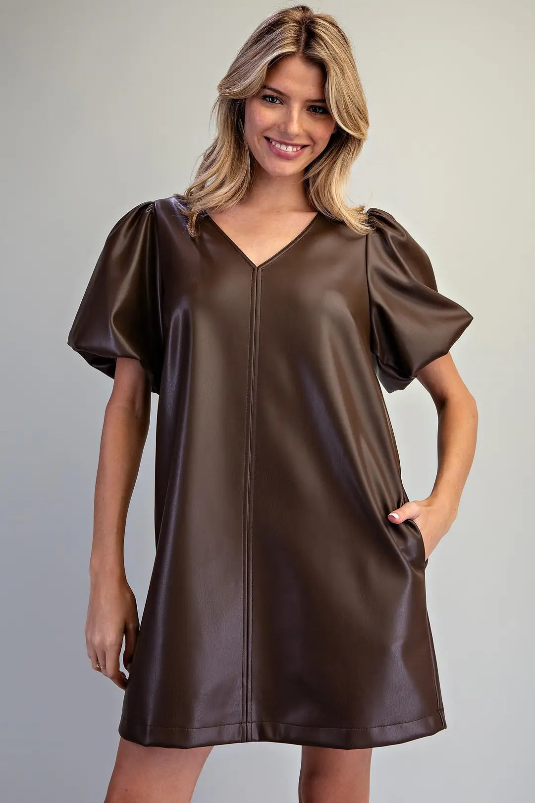 Faux Leather Puff Sleeve Dress | Chocolate