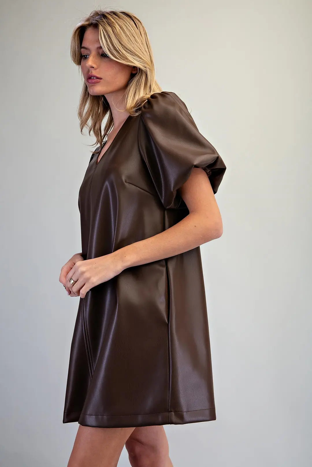 Faux Leather Puff Sleeve Dress | Chocolate