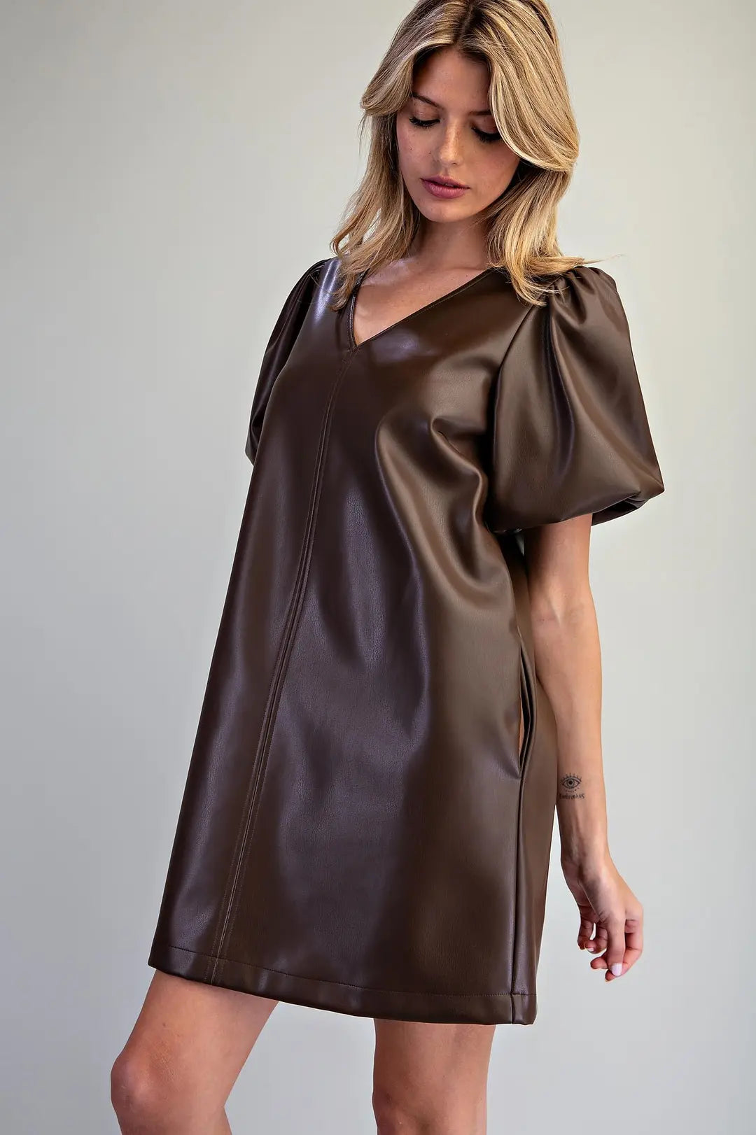 Faux Leather Puff Sleeve Dress | Chocolate