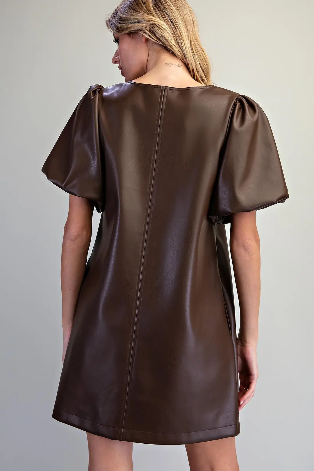 Faux Leather Puff Sleeve Dress | Chocolate
