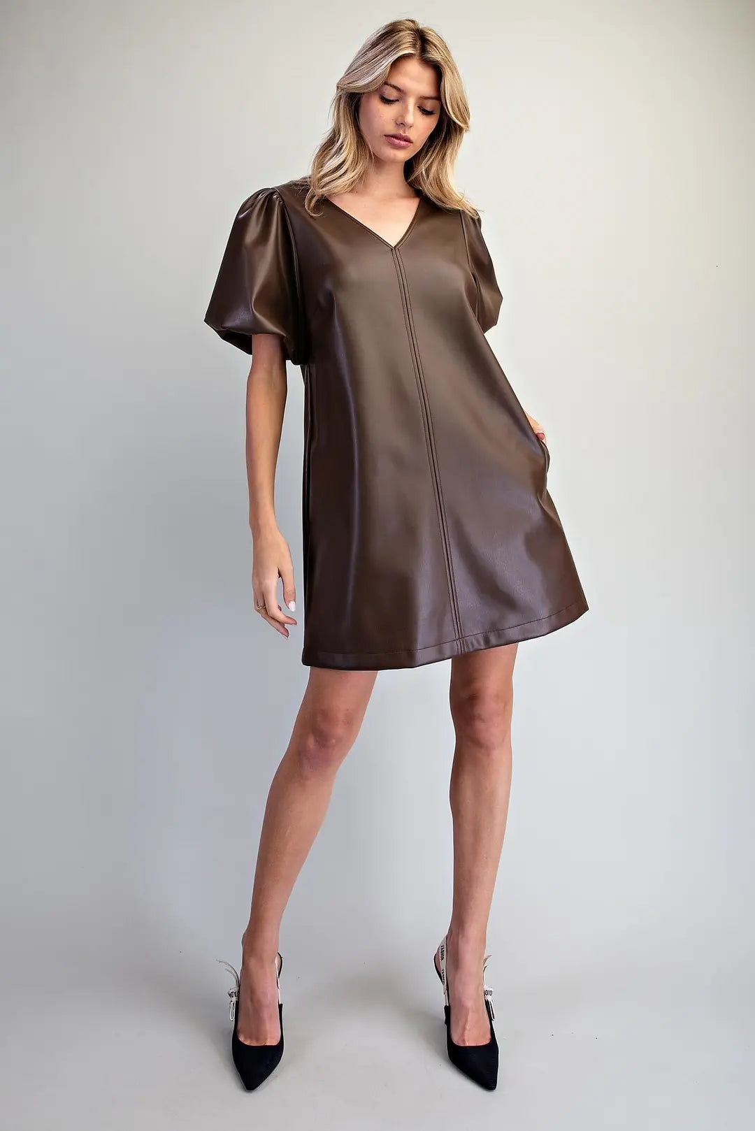 Faux Leather Puff Sleeve Dress | Chocolate