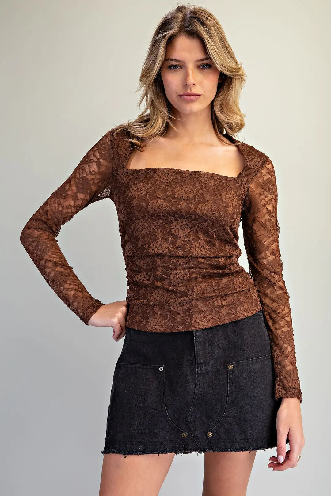 Floral Lace Square Neck Top | Cocoa