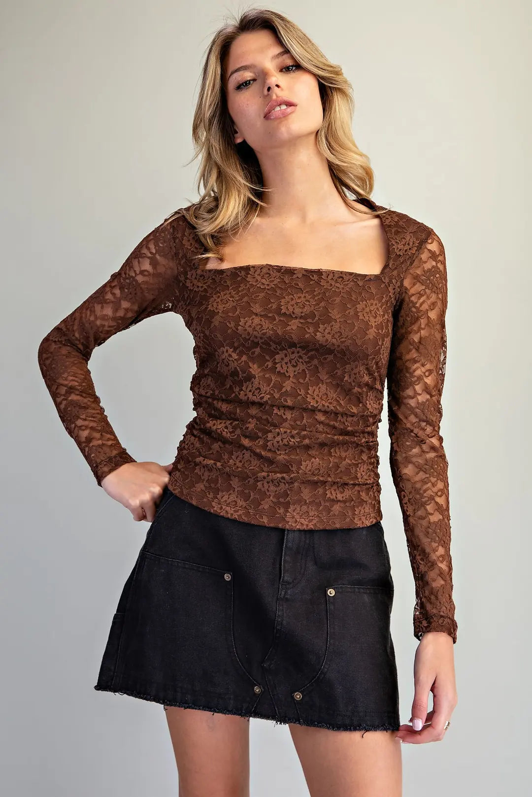 Floral Lace Square Neck Top | Cocoa