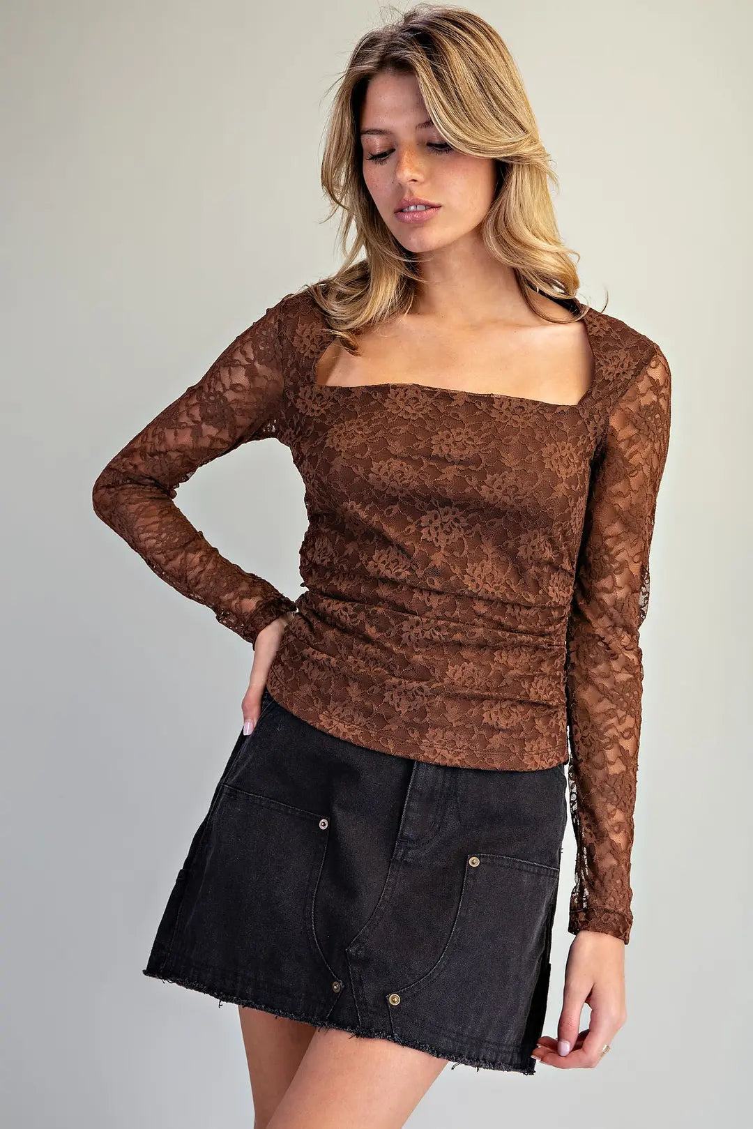 Floral Lace Square Neck Top | Cocoa