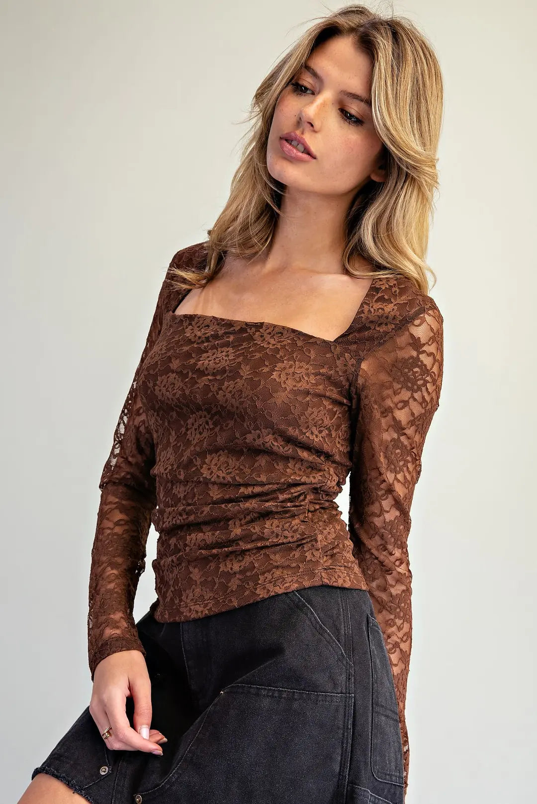 Floral Lace Square Neck Top | Cocoa
