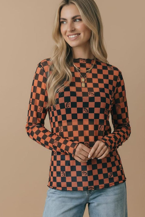 Halloween Pumpkin Checker Mesh Sheer Top | Orange/Black