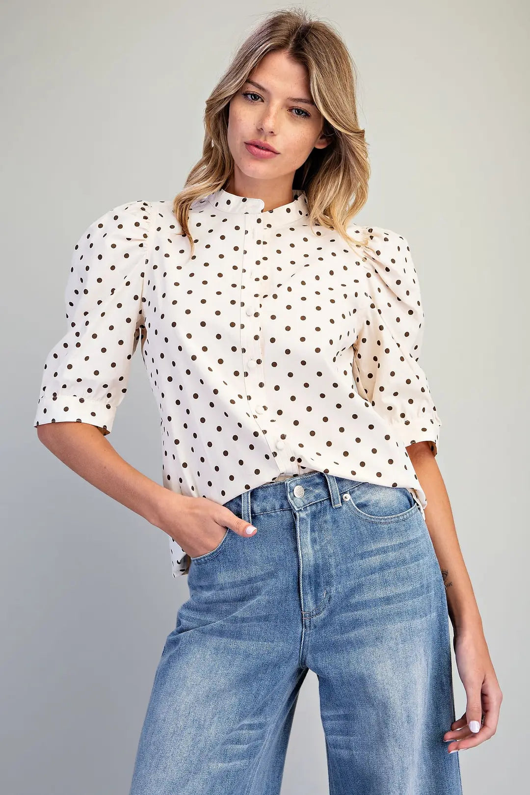 Polka Dot Puff Sleeve Top | Oatmeal