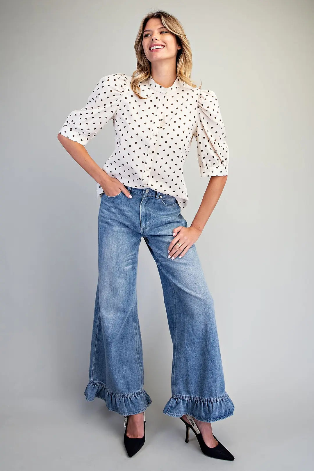Polka Dot Puff Sleeve Top | Oatmeal