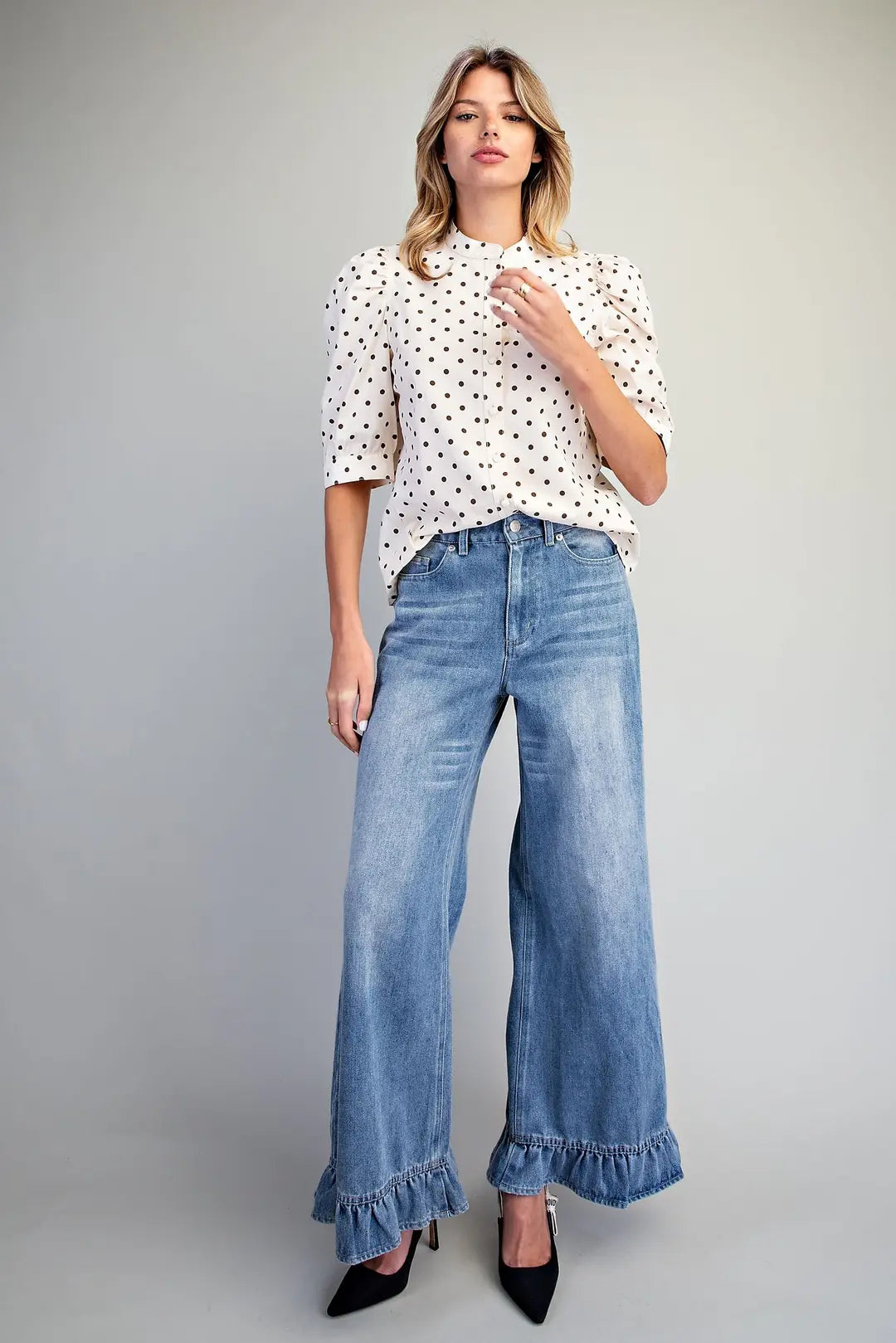Polka Dot Puff Sleeve Top | Oatmeal