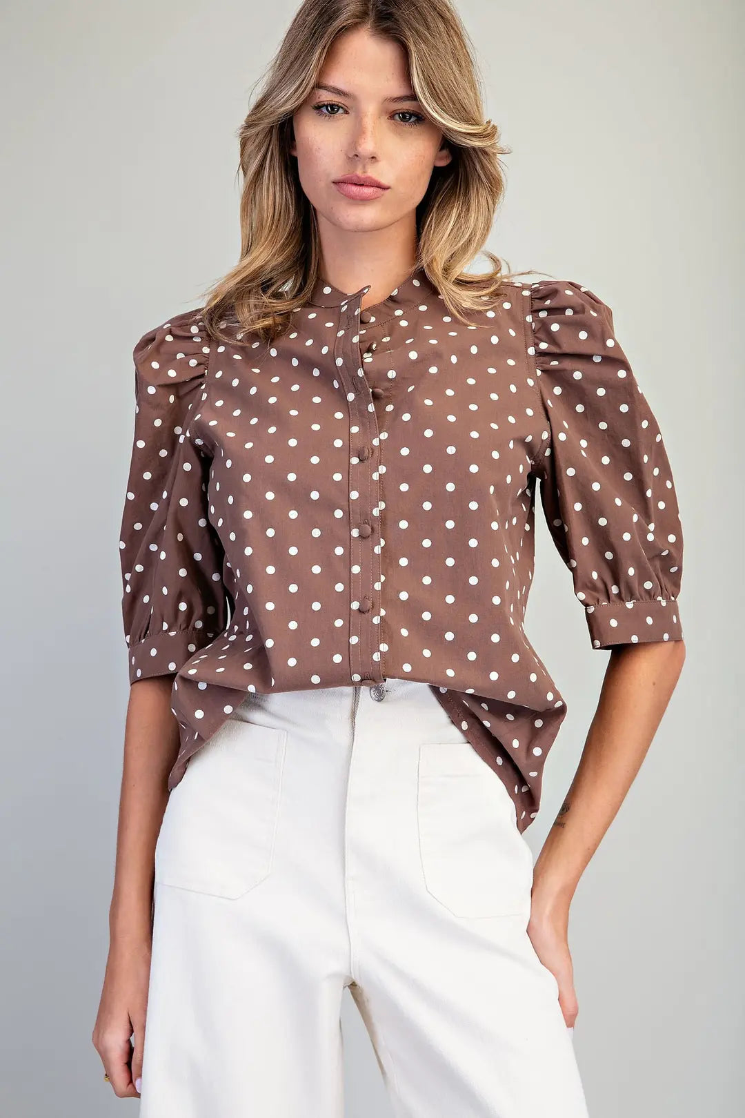 Polka Dot Puff Sleeve Top | Mocha
