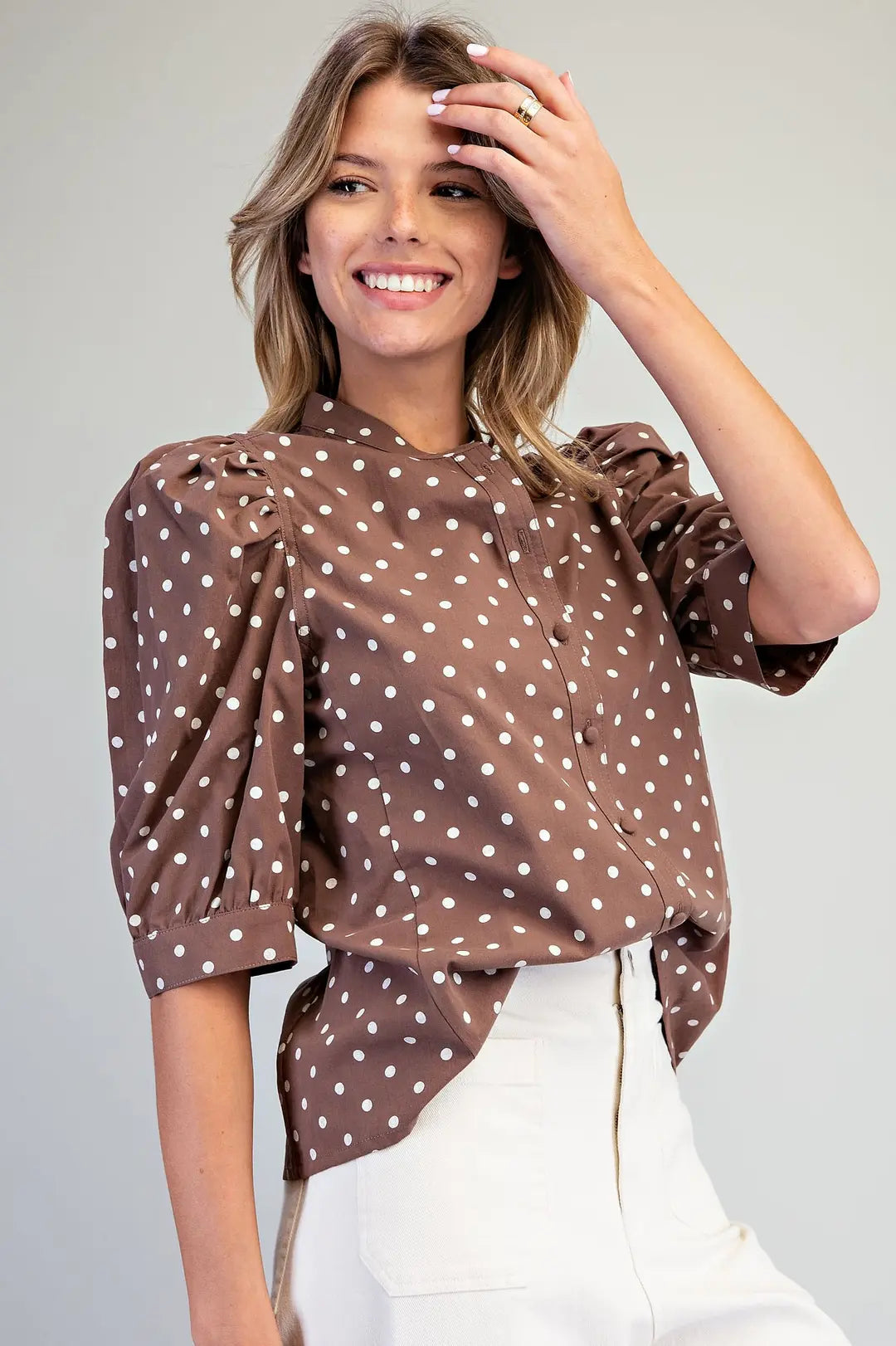Polka Dot Puff Sleeve Top | Mocha