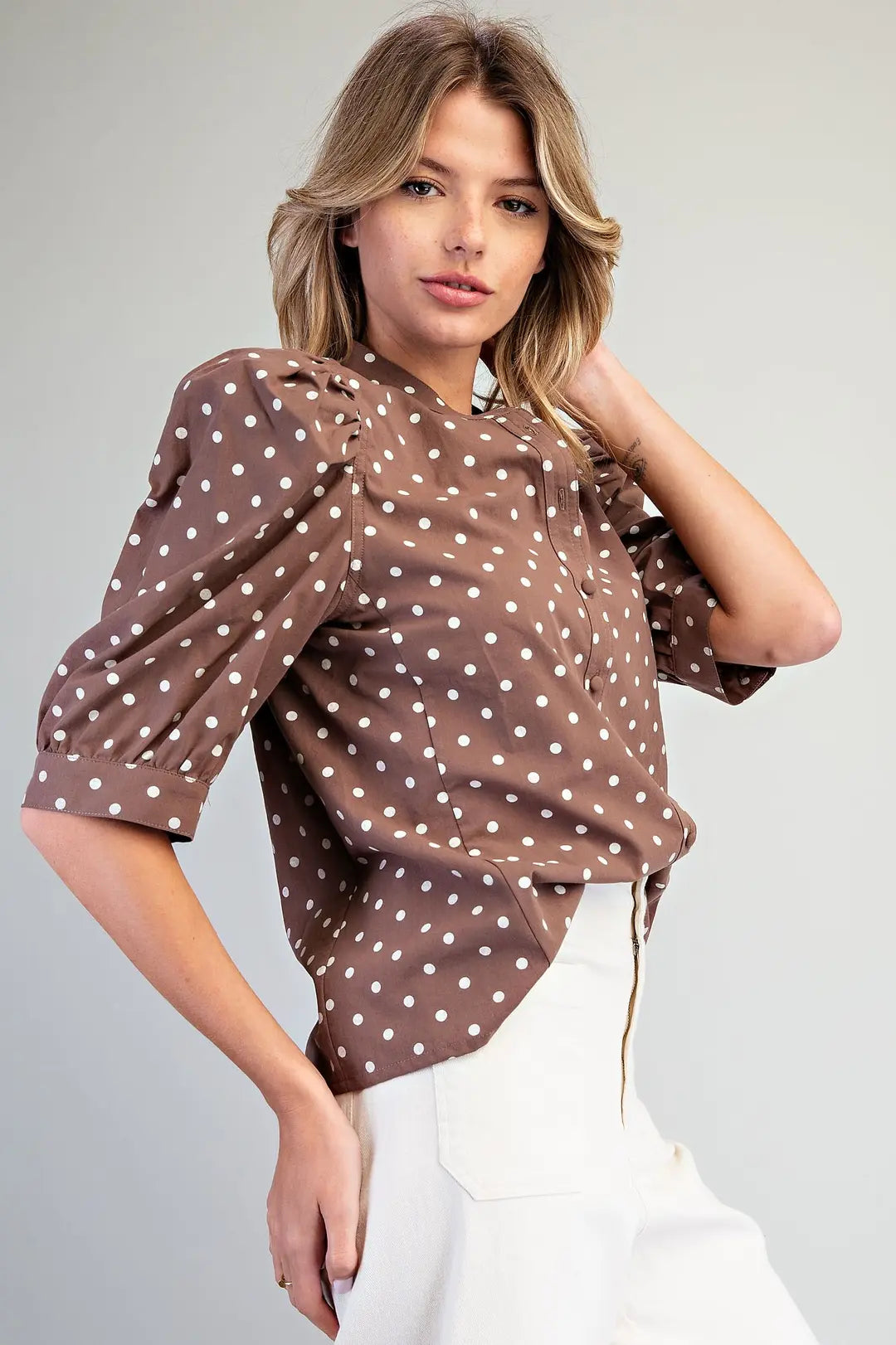 Polka Dot Puff Sleeve Top | Mocha