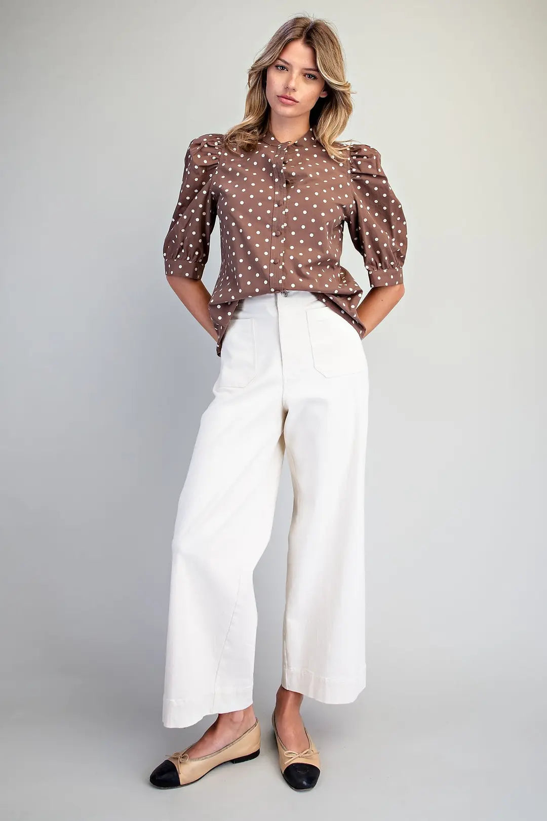 Polka Dot Puff Sleeve Top | Mocha
