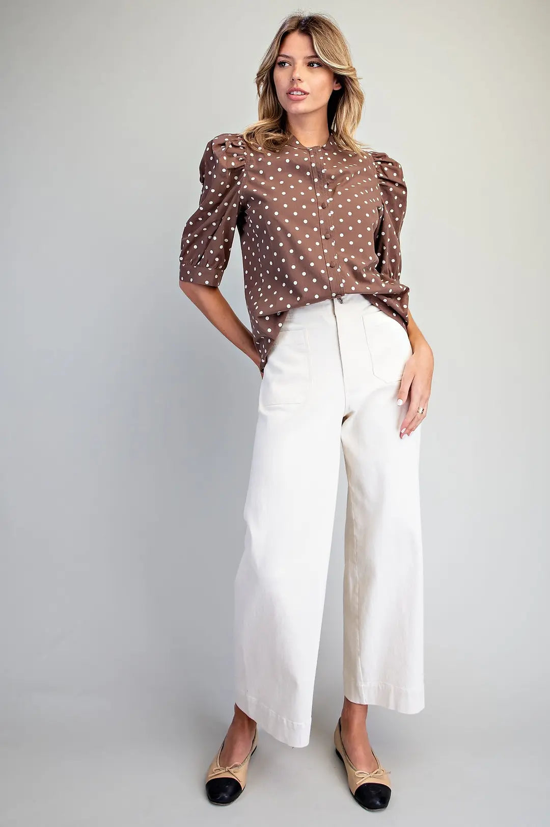 Polka Dot Puff Sleeve Top | Mocha