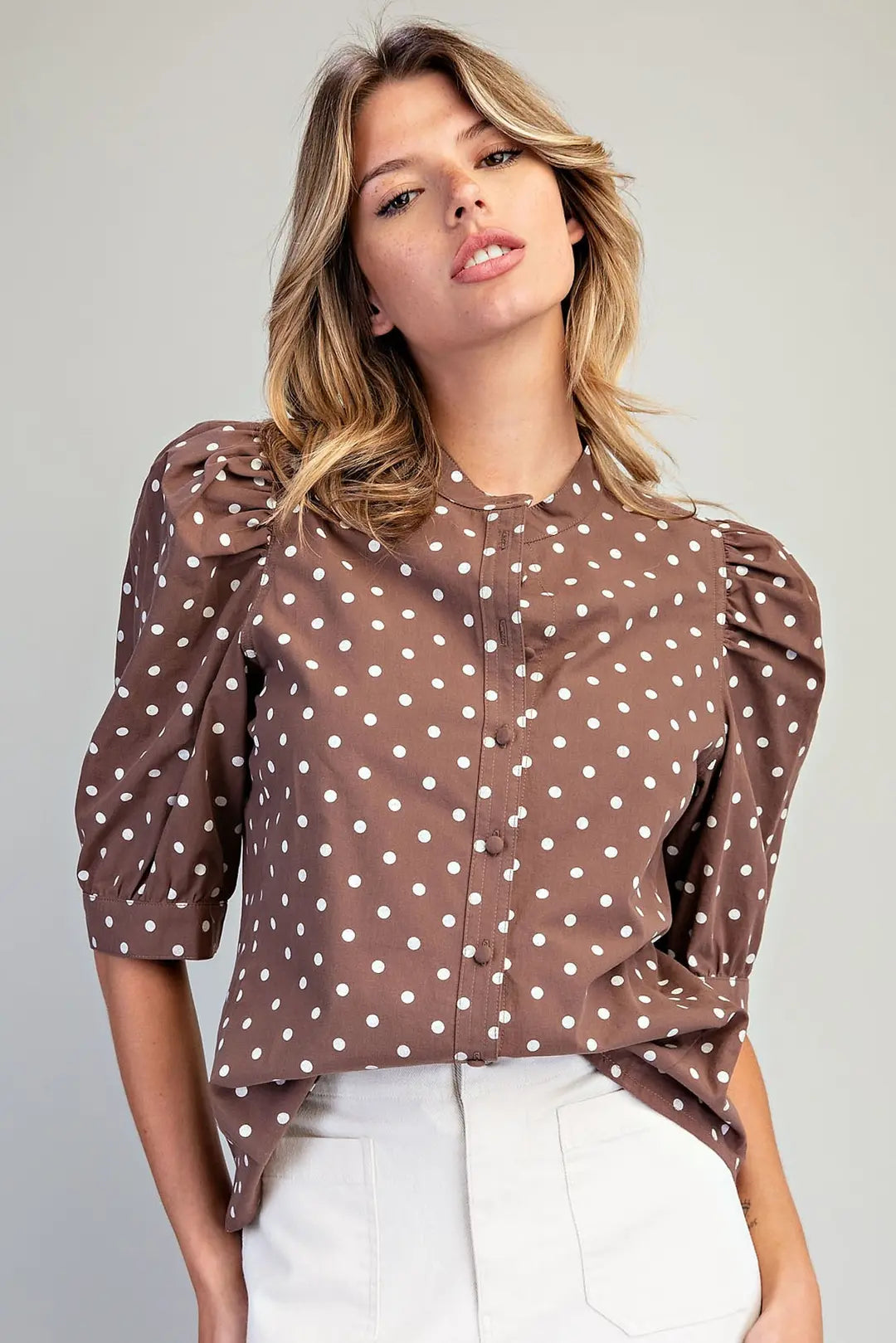 Polka Dot Puff Sleeve Top | Mocha