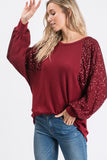 Sequin Bishop Sleeve Top | Burgundy