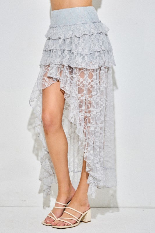 Lace Tiered Maxi Skirt w/ Shorts | Light Blue