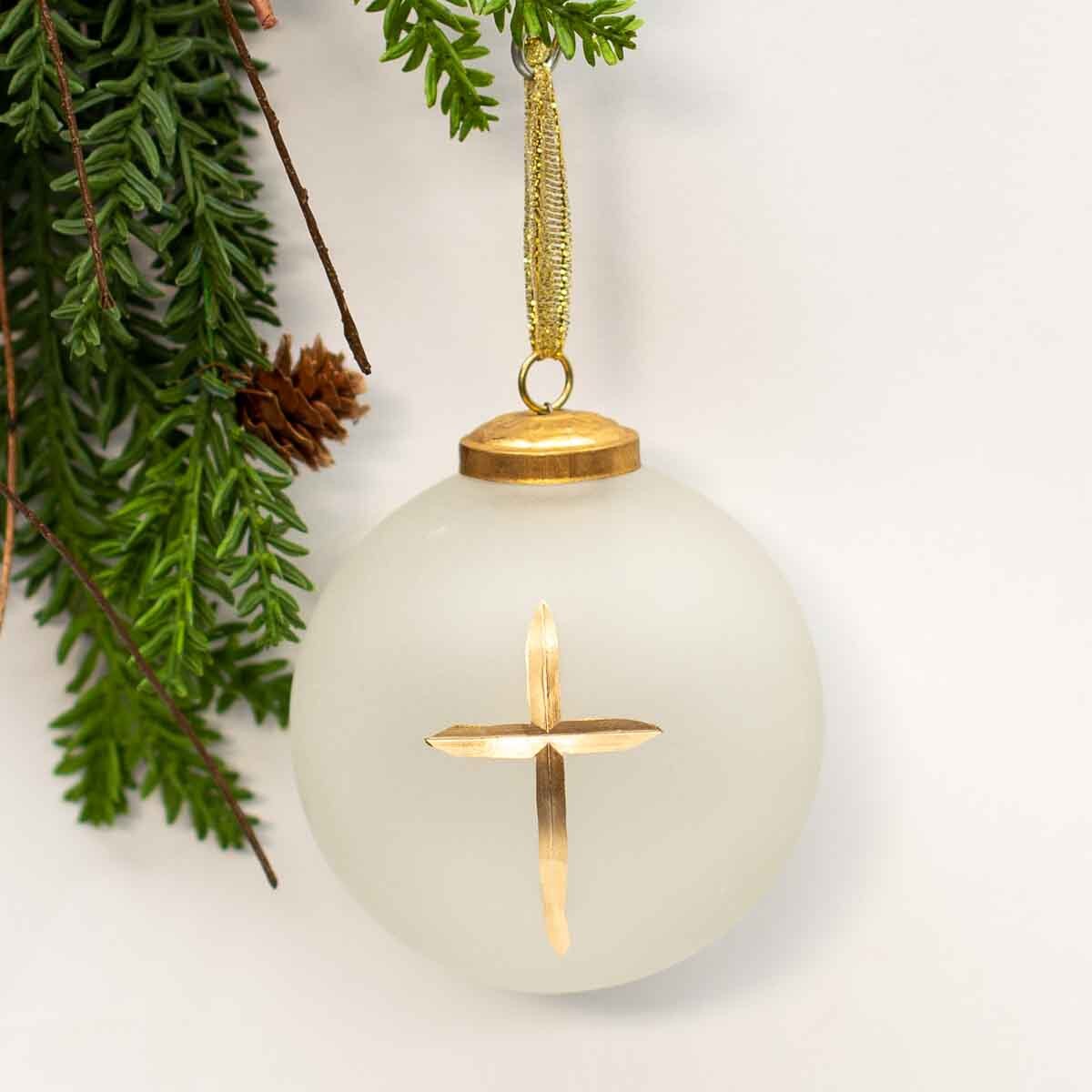 Cross Glass Ball Ornament | Frosted